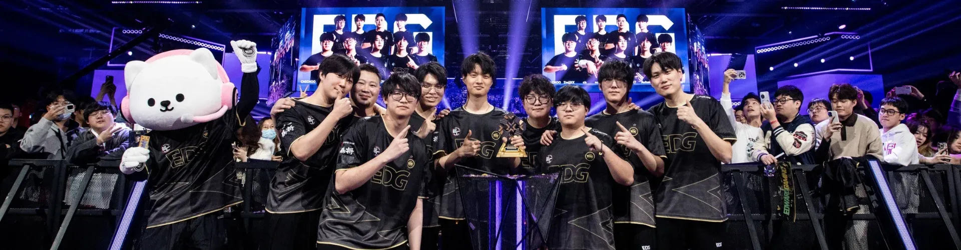 EDward Gaming posing on stage as they qualified for VALORANT Masters Santiago