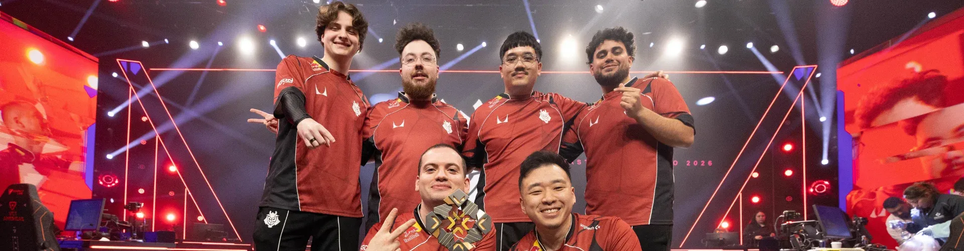 G2 Esports posing with the VCT Americas 2026 Kickoff trophy (Image Source: Stefan Wisnoski/Riot Games)