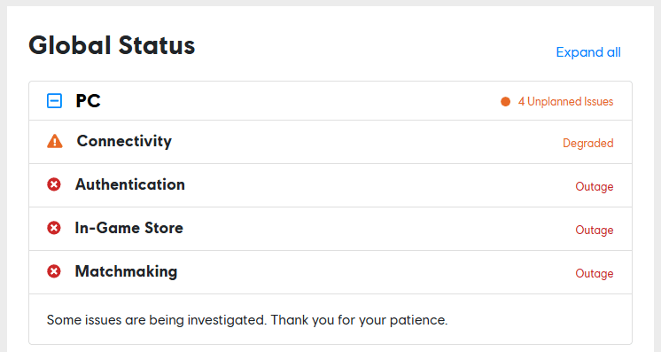 Screenshot from Ubisoft's Global Service Status site